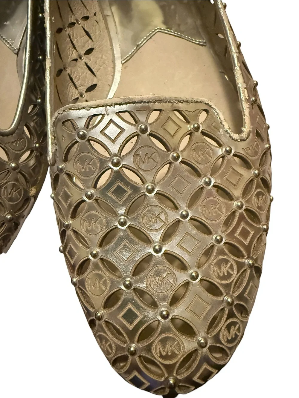 Michael Kors Silver Metallic Laser Cut Studded Flats Loafers Size 9M